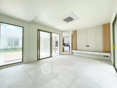 Spacious modern living room with large windows and minimalist design