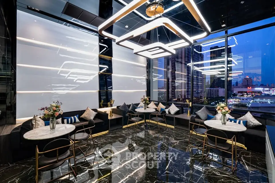 Luxurious modern lounge with stunning city view and elegant decor