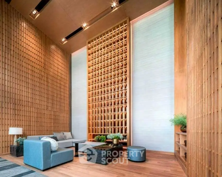Luxurious modern living room with high ceilings and elegant wooden accents