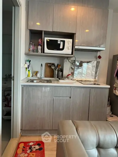 Compact kitchen with modern cabinetry and microwave in cozy apartment