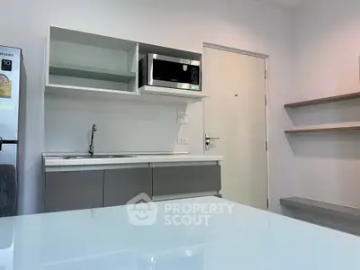 Modern kitchen with sleek cabinets and built-in microwave