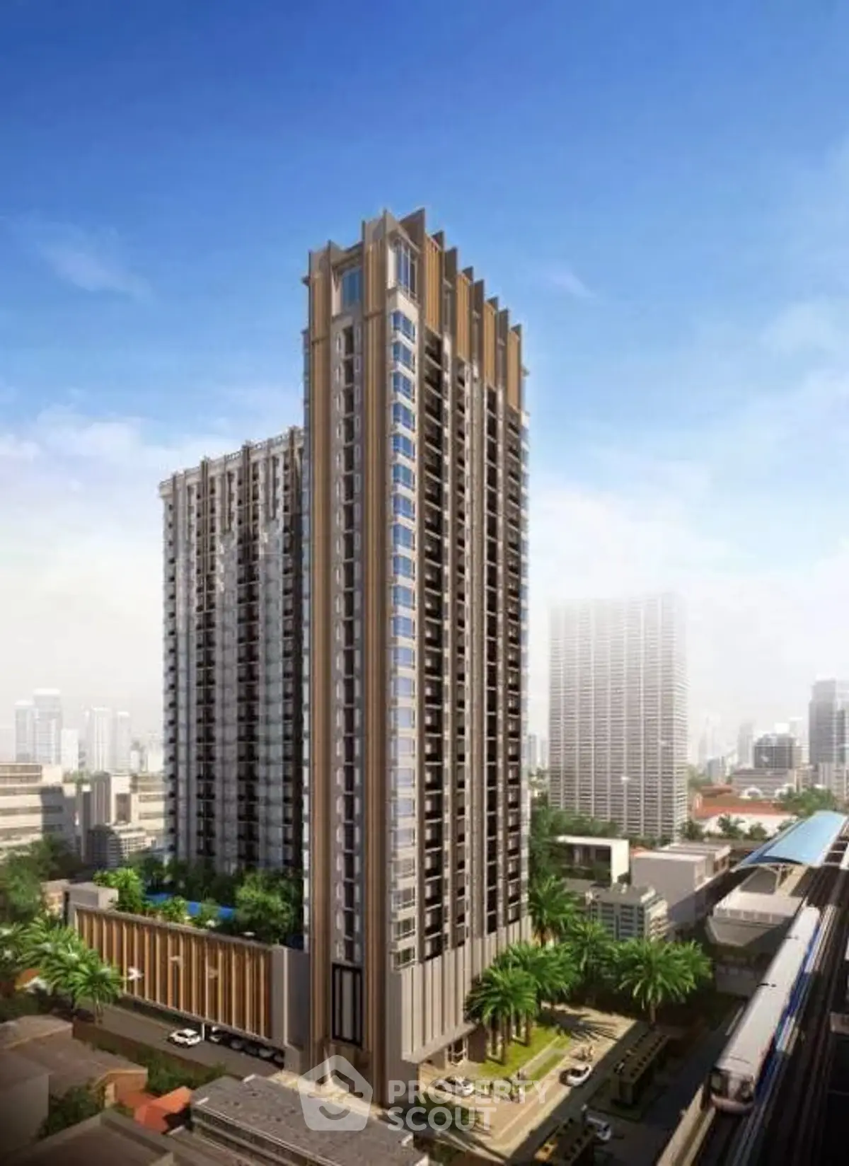 Stunning high-rise condominium with modern design and city views, featuring lush landscaping and convenient urban location.