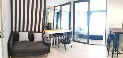 Modern apartment interior with stylish living area and workspace