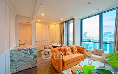 Luxurious living room with stunning city view and elegant decor