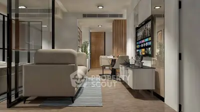 Modern living room with sleek furniture and wall-mounted TV in a stylish apartment.