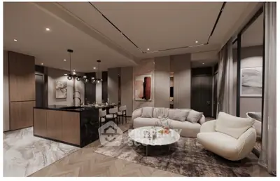 Luxurious modern living room with open kitchen and elegant decor