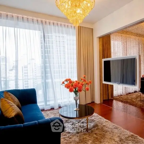 Luxurious living room with elegant chandelier and city view