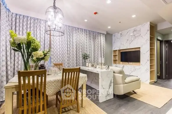 Luxurious modern living room with elegant dining area and stylish decor
