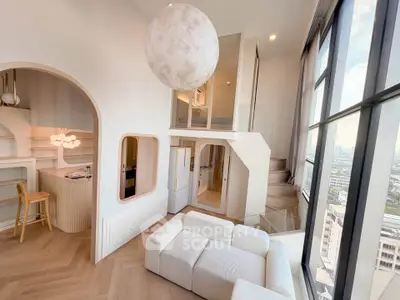 Luxurious modern living room with mezzanine and panoramic city view
