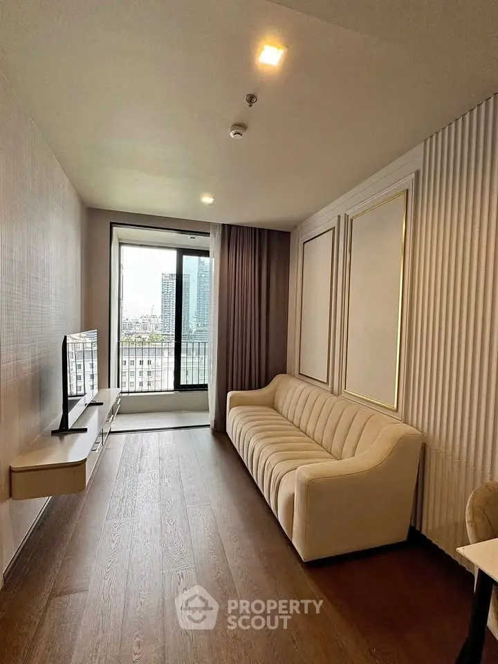 Modern living room with elegant sofa and city view balcony