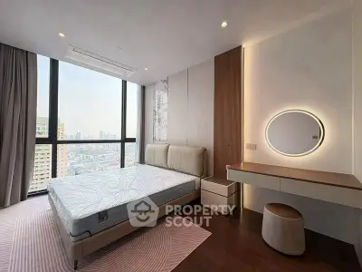 Modern bedroom with city view, featuring stylish furniture and large windows.