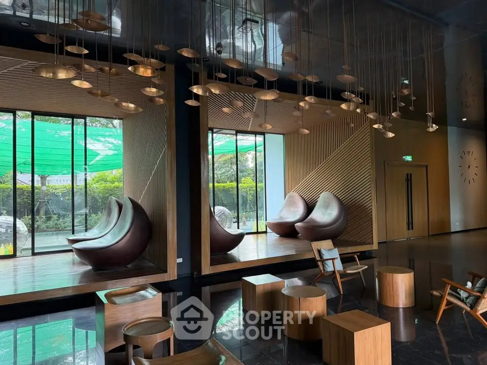 Modern lobby with unique seating and stylish wooden decor