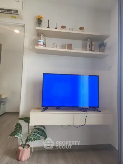 Modern living room with wall-mounted TV and stylish shelves