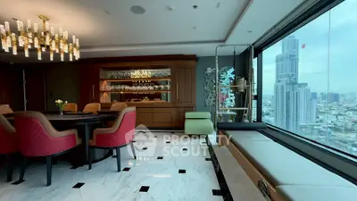 Luxurious dining room with city view and elegant chandelier