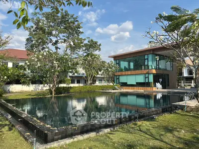 Luxurious modern building with serene pool and lush garden under blue sky