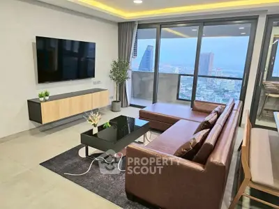 Luxurious modern living room with stunning city view and sleek furniture