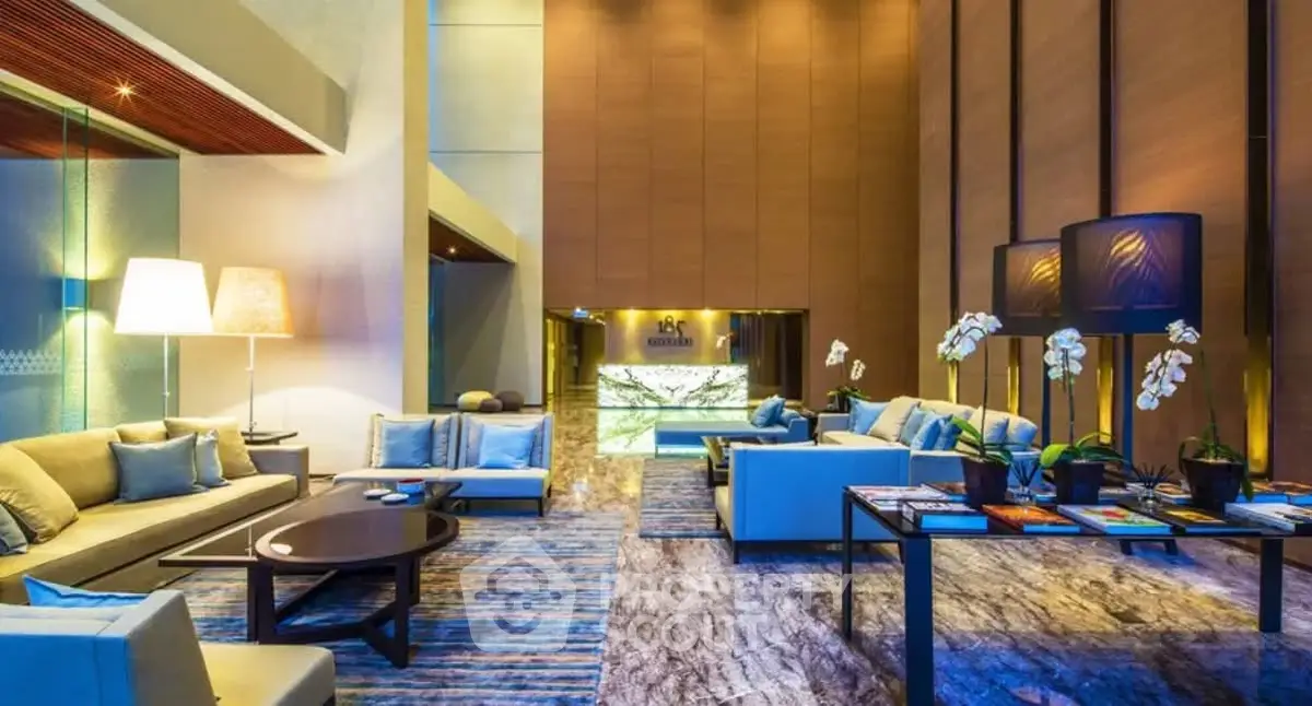 Luxurious modern living room with elegant decor and ambient lighting