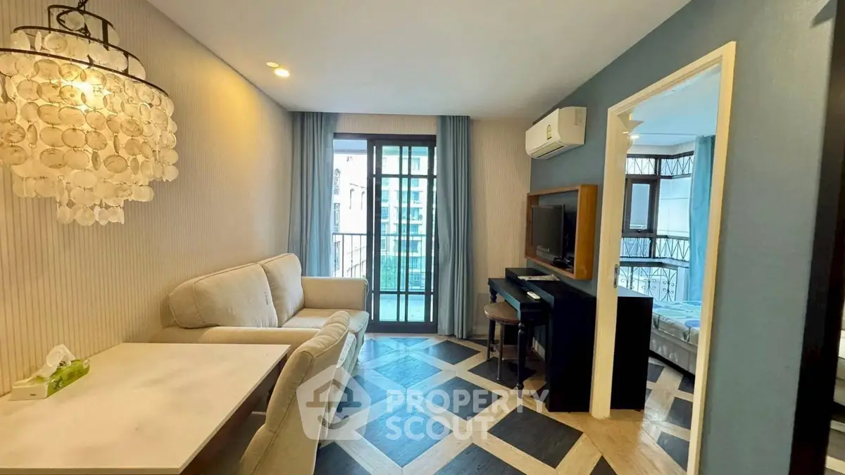 Chic living room with modern decor and balcony view in urban apartment