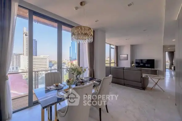 Luxurious modern living room with stunning city view and elegant dining area.