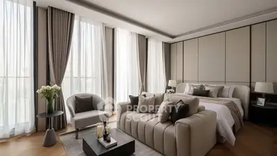Luxurious bedroom with elegant decor and floor-to-ceiling windows offering abundant natural light.