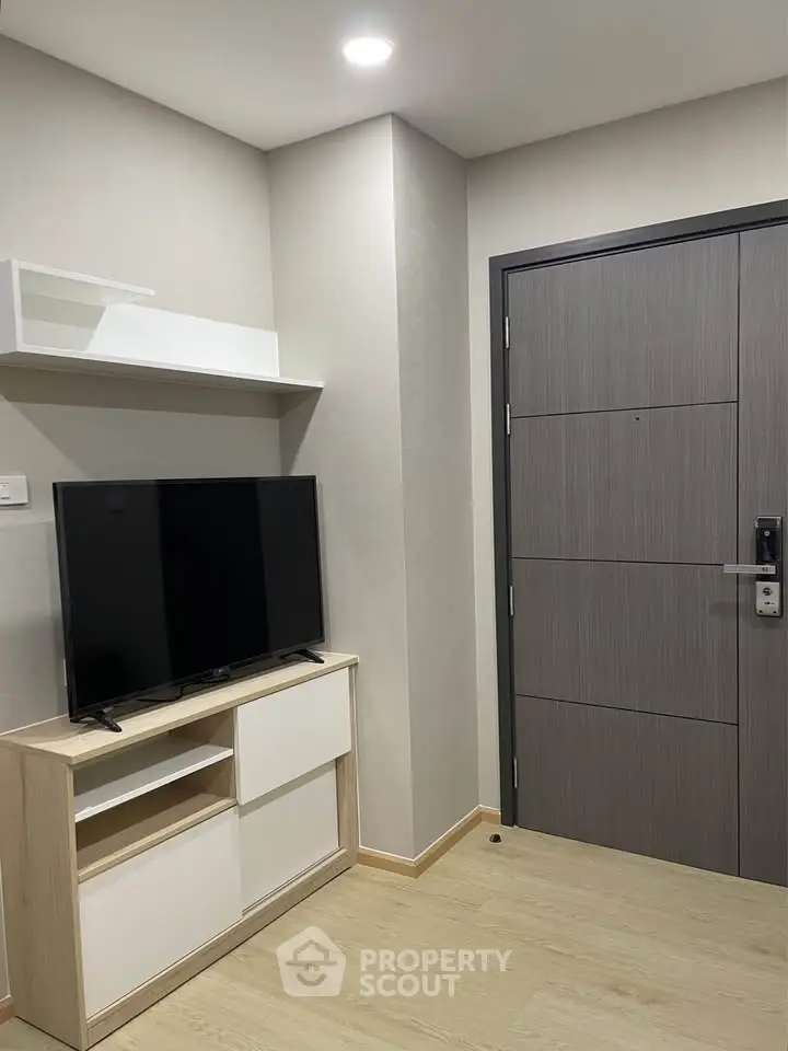 Modern living room with sleek TV stand and stylish door design