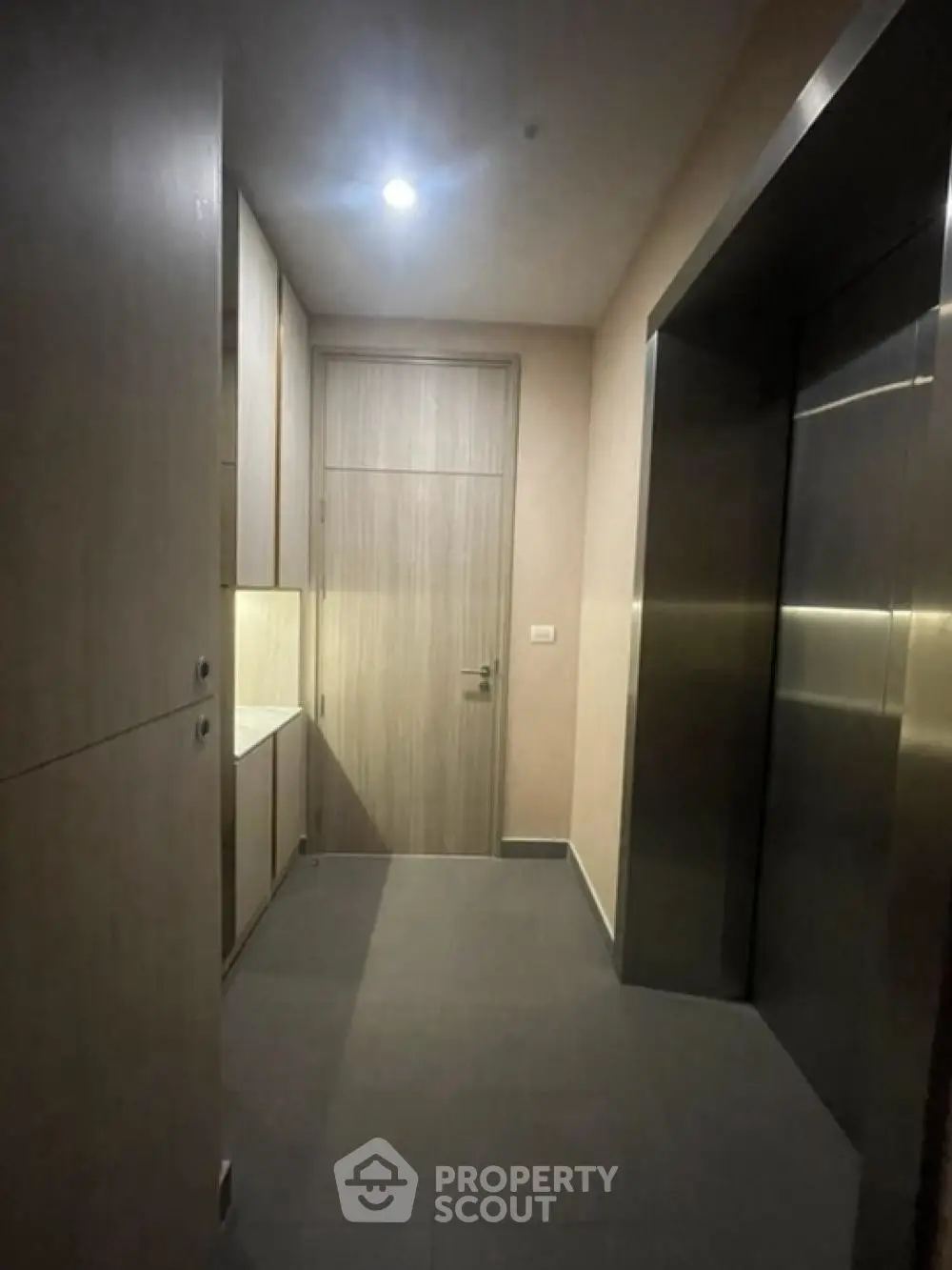 Modern apartment entrance with sleek elevator and stylish wooden door.