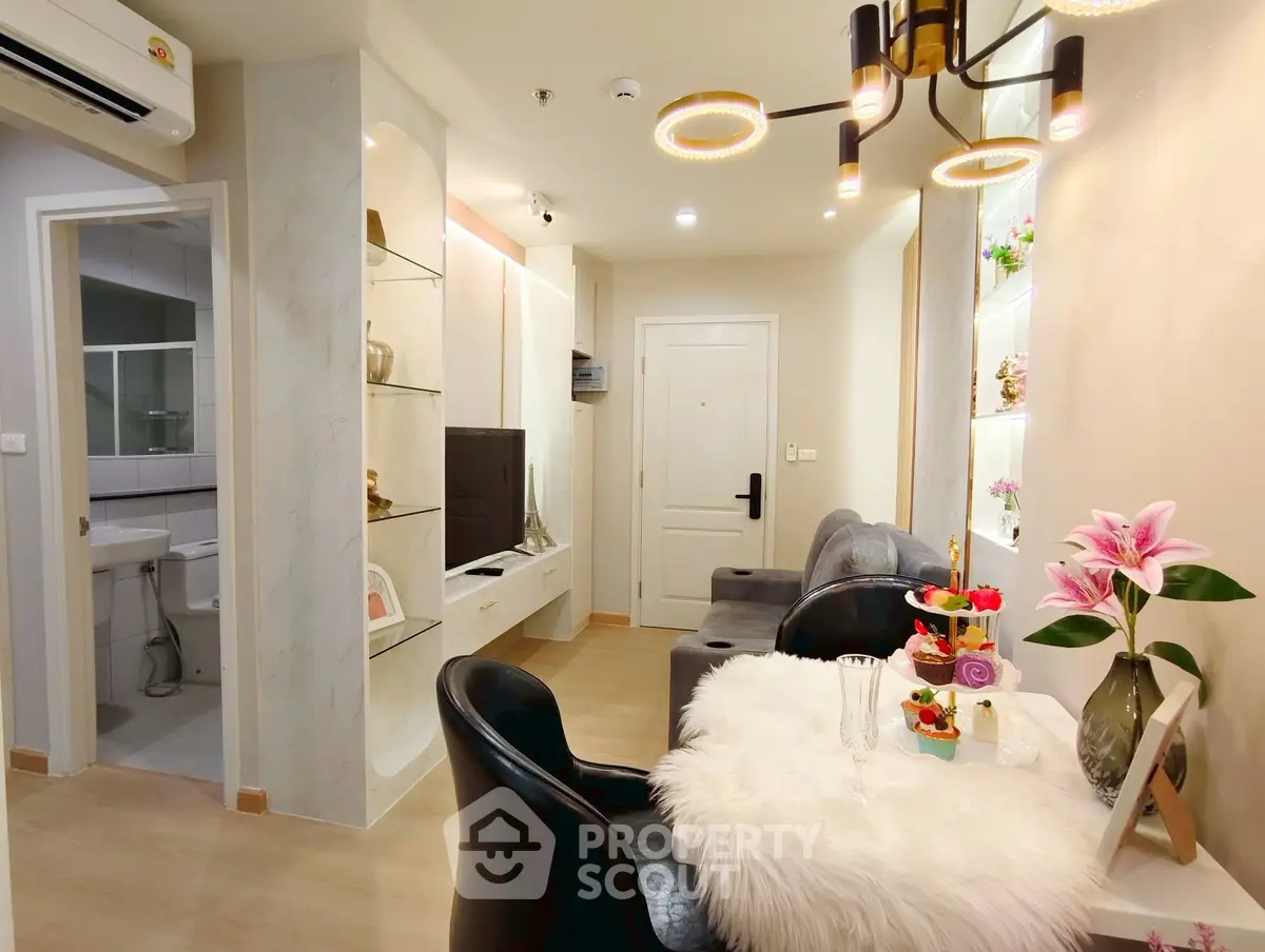 Chic modern living room with cozy dining area and stylish decor