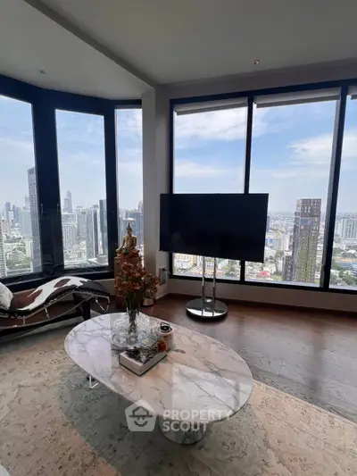 Luxurious living room with panoramic city views and modern decor