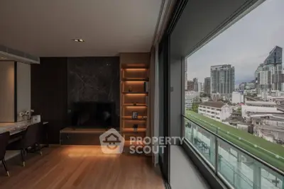 Luxurious living room with city view and elegant wooden flooring