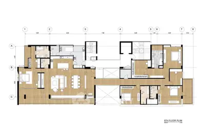 Spacious 6th floor plan showcasing modern open layout with multiple bedrooms and living areas.
