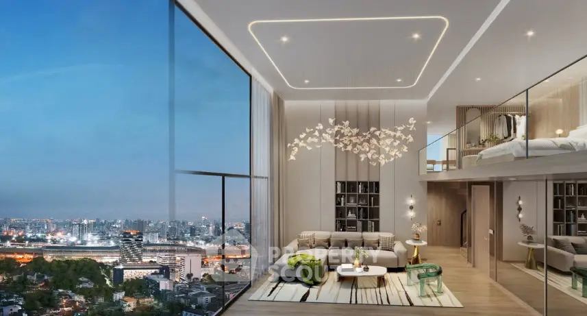 Luxurious modern living room with stunning city view and elegant decor