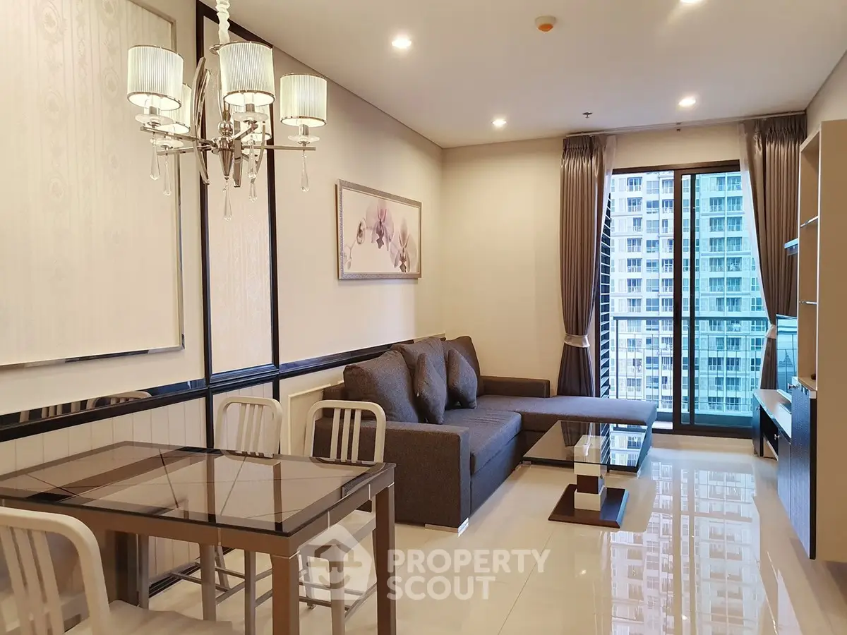 Modern living room with elegant dining area and city view, featuring stylish furniture and ample natural light.