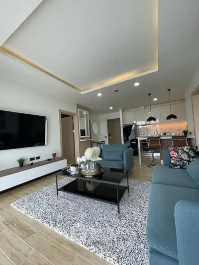 Modern living room with open kitchen, stylish decor, and cozy seating area in contemporary apartment.