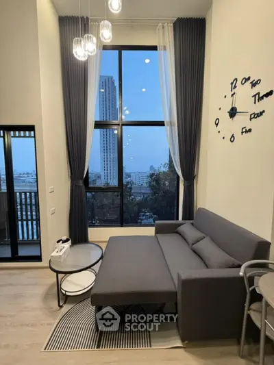 Modern living room with high ceiling and city view