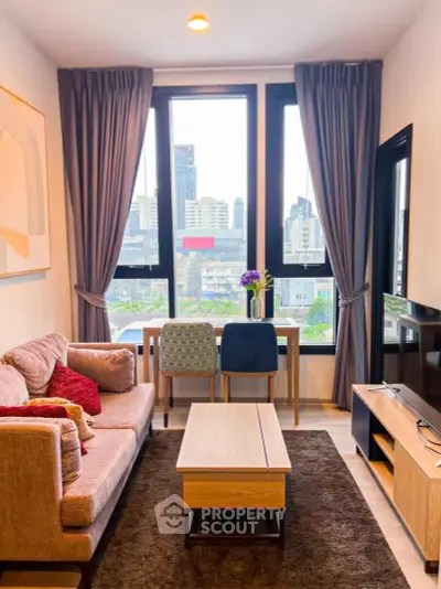 Chic urban living room with city view, modern furniture, and natural light.