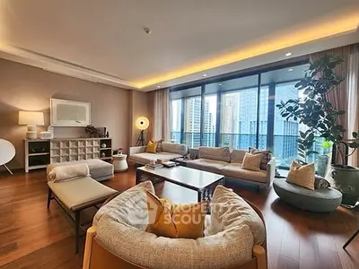 Luxurious living room with modern decor and city view balcony