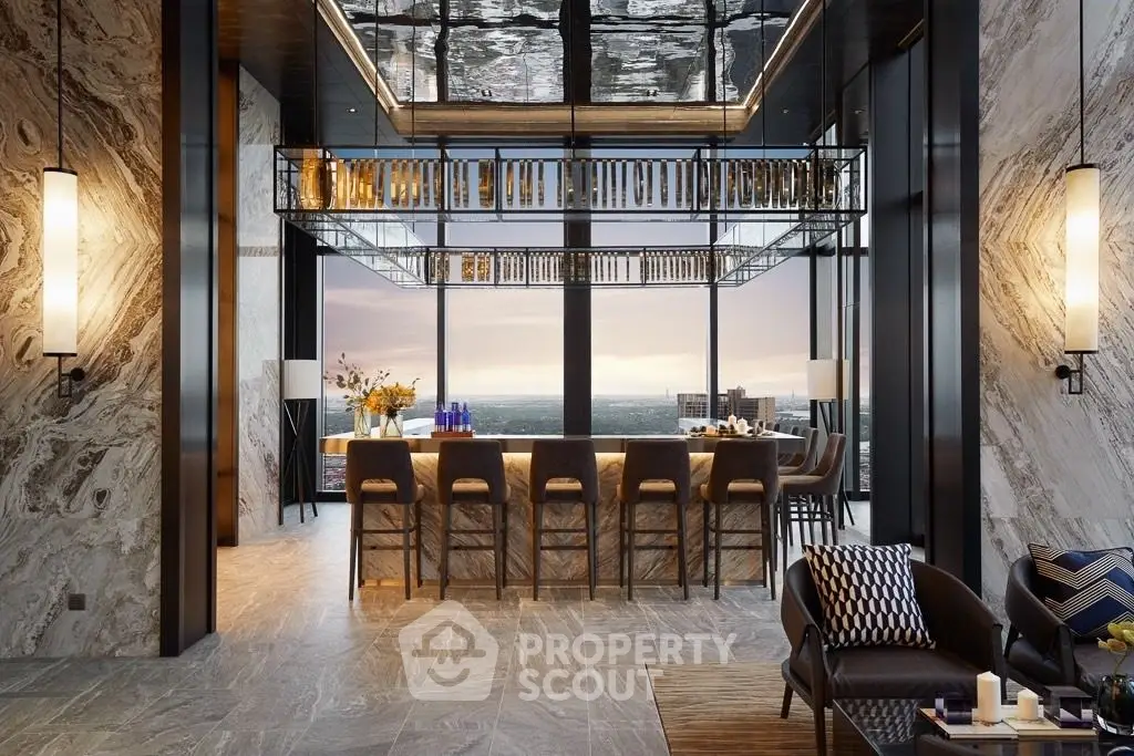 Luxurious high-rise living room with panoramic city views and elegant modern decor.