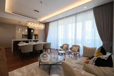 Luxurious modern living room with elegant dining area and floor-to-ceiling windows