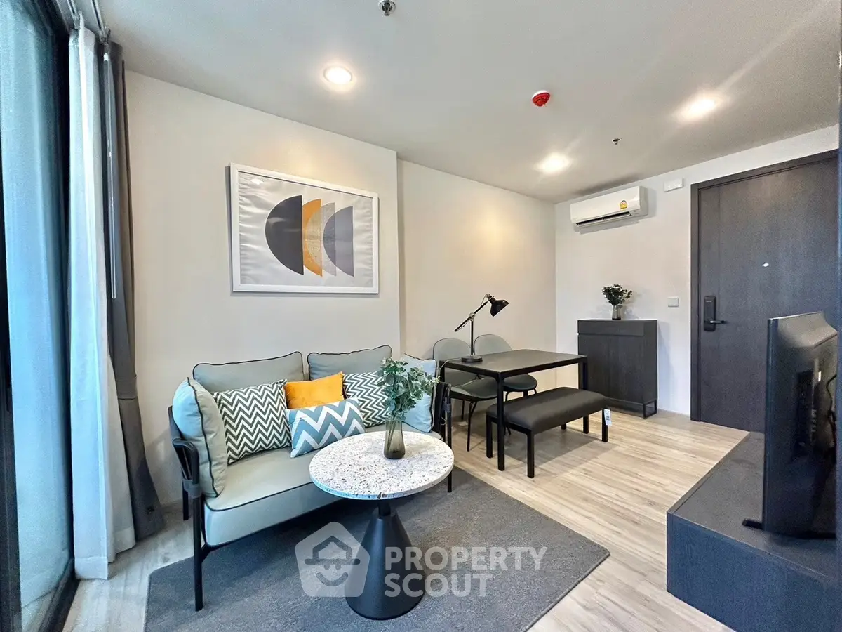 Modern living room with stylish decor and cozy seating area