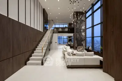 Luxurious modern living room with high ceilings and city view