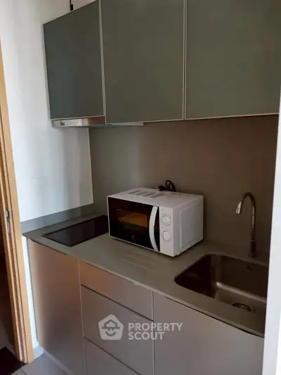 Modern compact kitchen with sleek cabinetry and built-in appliances