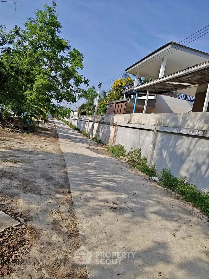 Charming residential pathway beside modern homes with lush greenery and clear blue sky.
