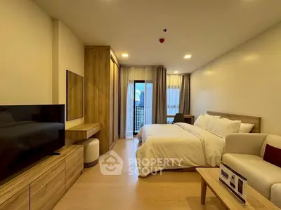 Modern bedroom with wooden furniture and balcony view in a stylish apartment