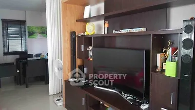 Modern living room with sleek entertainment center and stylish decor