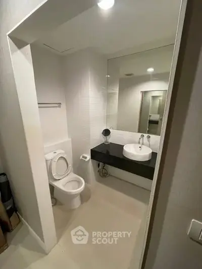 Modern bathroom with sleek fixtures and large mirror