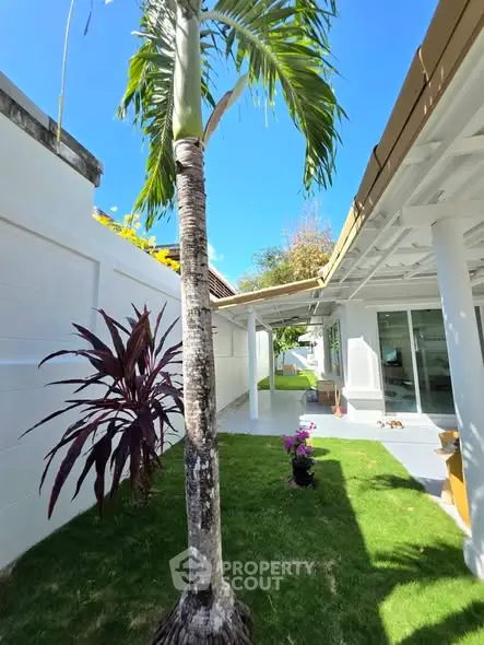 Stunning tropical garden view with lush greenery and modern architecture, perfect for outdoor relaxation.