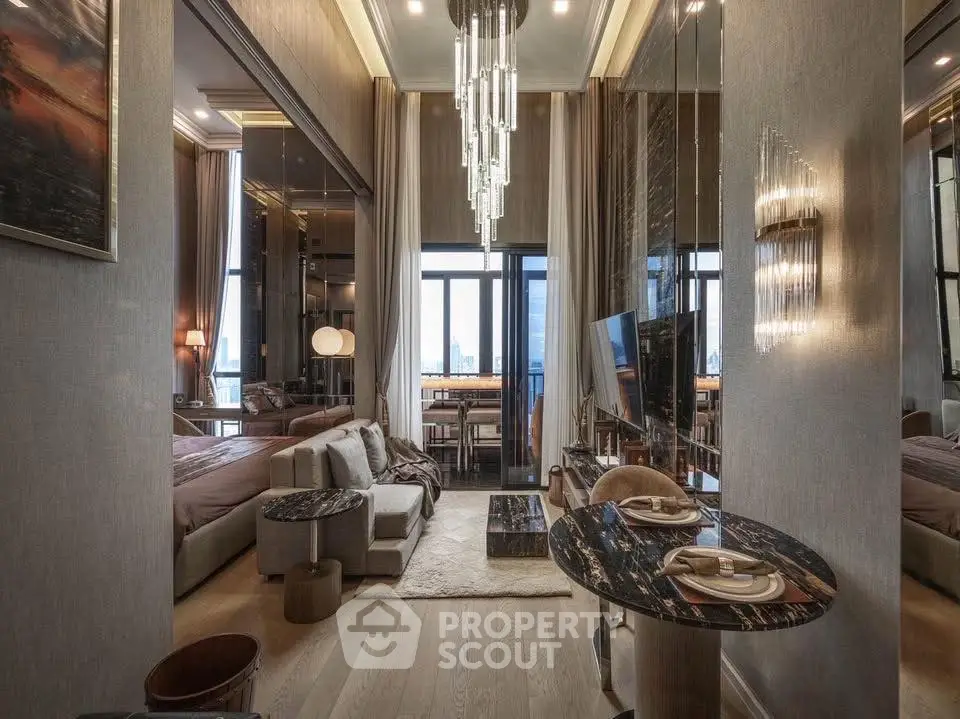 Luxurious modern living room with elegant decor and stunning city view.