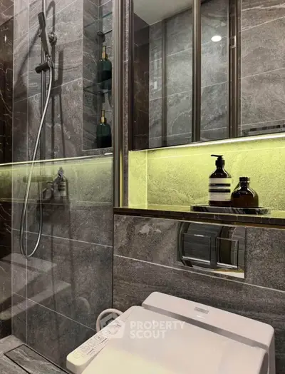 Luxurious modern bathroom with sleek fixtures and ambient lighting