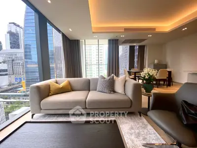 Luxurious modern living room with panoramic city view, featuring elegant furniture and stylish decor.