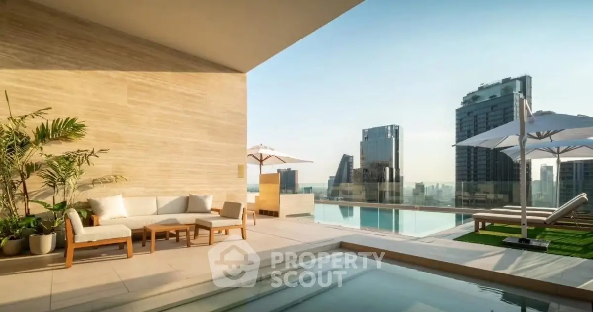 Luxurious rooftop terrace with pool and stunning city skyline view, perfect for relaxation and entertainment.